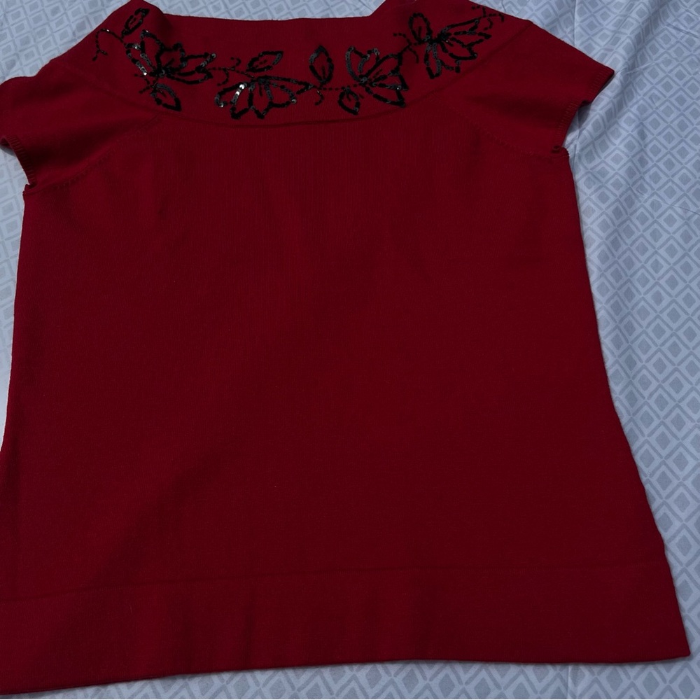Anne Klein Red Top with Black Floral Sequin Detail